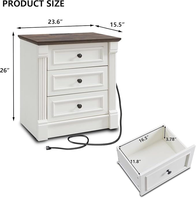 Aitjunz 26" Tall Farmhouse Nightstand, 3 Drawers End Table w/Charging Station, 23.6" Wide Large Side Table w/Roman Column, Wood Rustic Sofa Table for Bedroom, White - Image 2