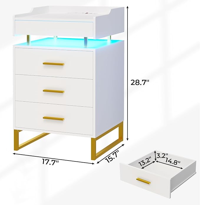 BTHFST LED Nightstand with Charging Station, Large Night Stand with 3 Drawers and 1 Pull-Out Tray, Modern Bedside Table with LED Lights, End Side Table with Storage, White and Gold - Image 2