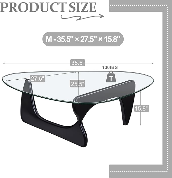 35.5″ Mid Century Modern Coffee Table, Unique Glass Coffee Tables for Living Room, Walnut Triangle Glass Top Center Tables with Wooden Base for Home Office Hotel