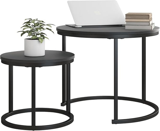 HOJINLINERO Round Coffee Table,Nesting Coffee Table Set of 2,Center Tables for Living Room,Office, Home Small Space,Stacking Side Tables,Sturdy and Easy Assembly,Wood Desktop,Black,Small