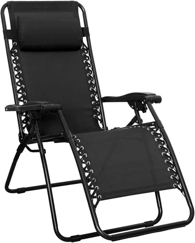 Amazon Basics Outdoor Patio Zero Gravity Portable Folding Reclining Lounge Chair with Padded Headrest Pillow, Weather Resistant Textilene, 26", Black by AmazonBasics