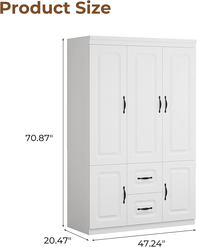 Armoire Wardrobe Closet with 2 Doors, White Cabinet with 2 Drawers and Clothes Storage Organizer, Modern Style with Hanging Rod Shleves Suitable for Bedroom(47.24" W x 20.47" D x 70.87" H)