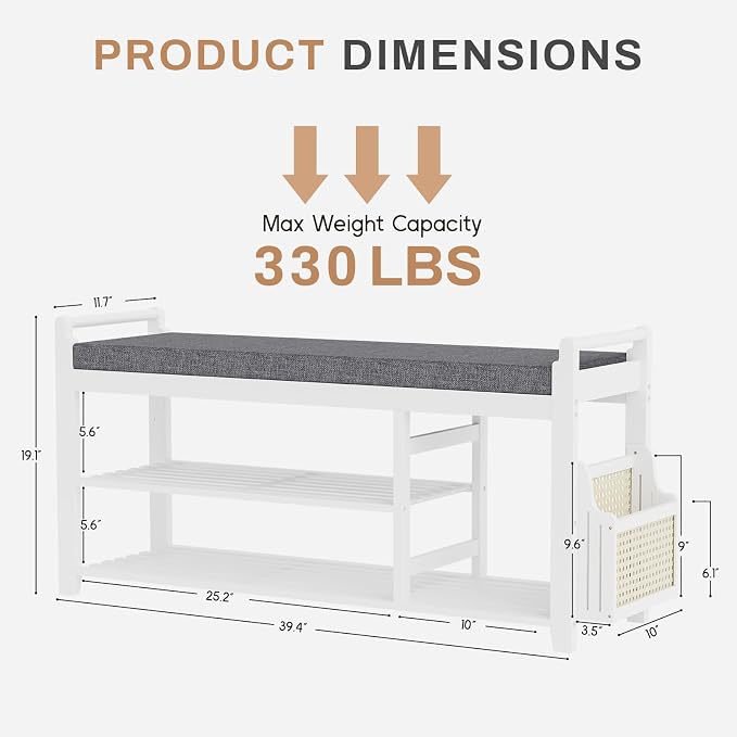 Homaxy 2-Tier Shoe Rack Bench with Side Holder, 39.4 in Bamboo Entryway Bench, Shoe Rack Organizer with Cushion for Front Entrance, Hallway Living Room Bedroom, White and Dark Grey - Image 2