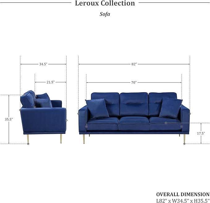 Lexicon Velvet Sofa Couch, Modern Couches, Metal Seat Base Metal Legs with Gold-Tone Finish, 82 inch Sofa with 2 Throw Pillows, 3 Seater Couches for Living Room, Bedroom, Apartment, Blue