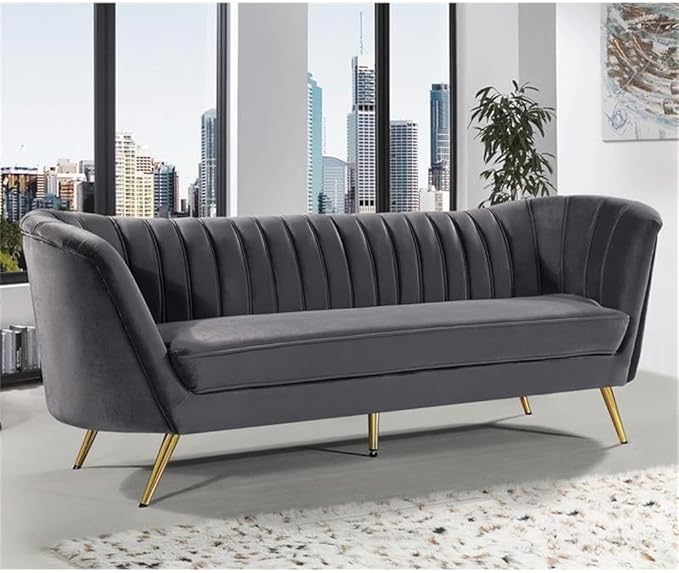Meridian Furniture Margo Collection Modern | Contemporary Velvet Upholstered Sofa with Deep Channel Tufting and Rich Gold Stainless Steel Legs, Grey, 88" W x 30" D x 33" H