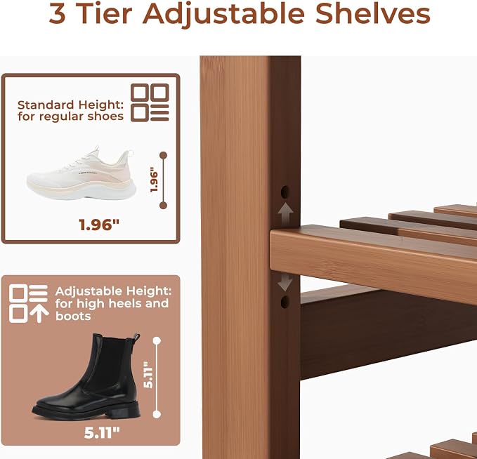 39.4" Bamboo Shoe Bench with Cushion, 6 Hooks Coat Rack, 3-Tier Adjustable Storage Bench for Entryway, Heavy Duty Shoe Rack Organizer with Removable Soft Cushion for Living Room Bedroom Hallway - Image 6
