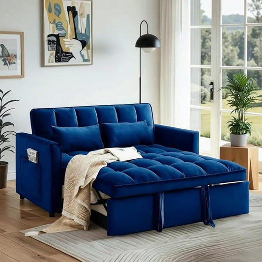 3 in 1 Convertible Sofa Bed, Love Seat Sleeper Bed with Side Pockets, Velvet Fabric Pull Out Couch with Adjustable Backrest for Living Room, Bedroom, Apartment, Blue