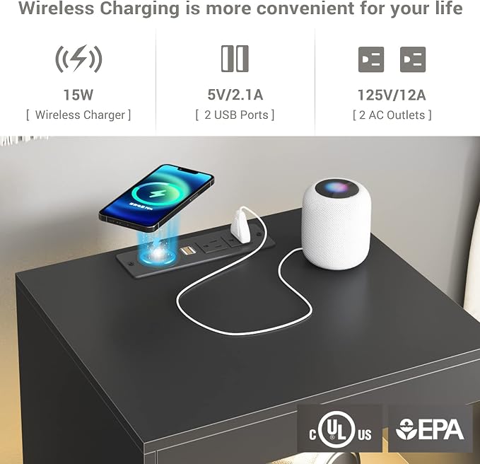Tiptiper Black Nightstand with Wireless Charging Station and LED Lights, Bedside Table with 2 Drawers, Open Storage, 1 Pull-Out Tray, End Side Table with Charging Station, LED Night Stand with Storage - Image 4