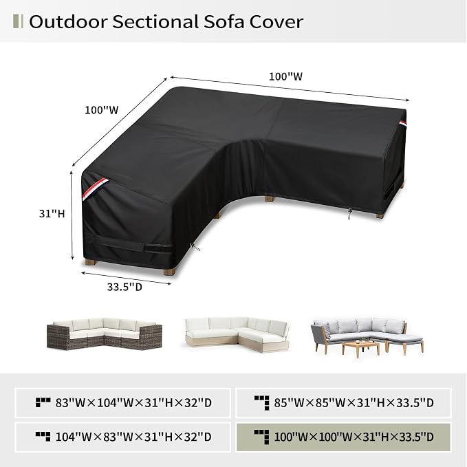 KylinLucky Large V-Shaped Patio Sectional Sofa Cover 100"x100", Heavy Duty Waterproof Outdoor Couch Cover with Air Vents, Fits Most Corner Sectionals, Black - Image 2
