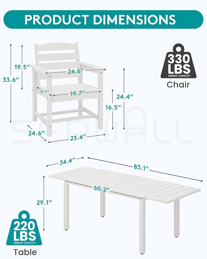 SERWALL 10-Piece Patio Dining Sets with 15FT Patio Umbrella, 60" - 83" Expandable Outdoor Dining Table and 8 HDPE Chairs, All Weather HDPE Outdoor Furniture Set (Umbreall Base not Included) - Image 4