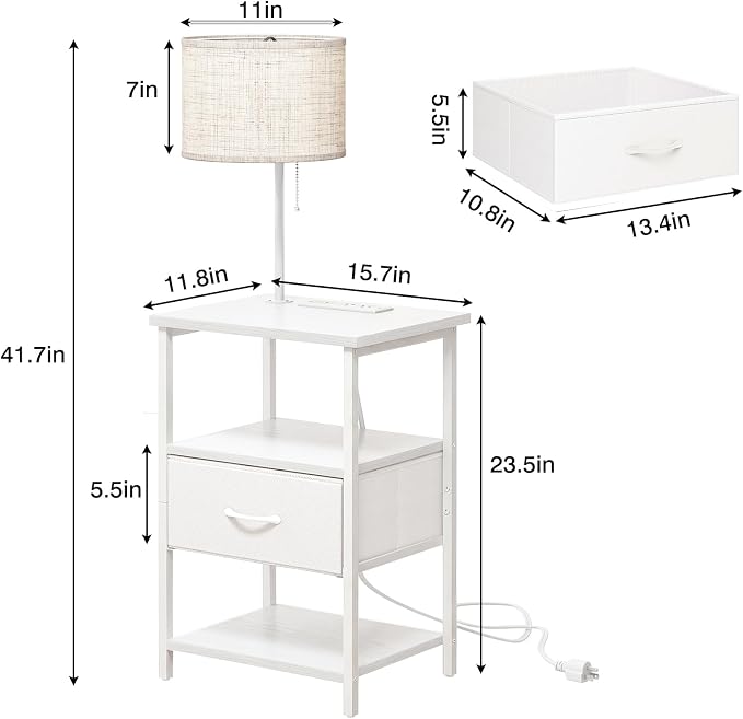 Fixwal Bedside Table with 3 Color Temperatures Bulb Attached, Nightstand with Charging Station and Lights, End Table with Fabric Drawer for Bedroom & Dorm (White) - Image 3