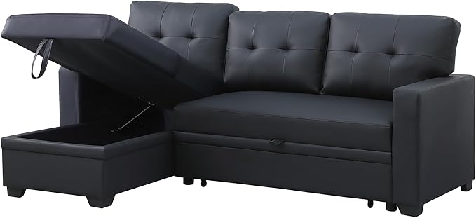 ERYE 82-inch Pull Out Sleeper Couch Bed, L-Shaped Reversible Sleeper Sectional Sofa Faux Leather Tufted Upholstered Corner Convertible Sofa Bed with Storage Chaise