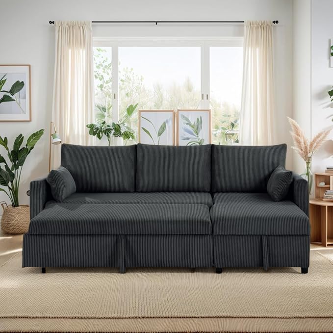 Queen Sleeper Sofa, Convertible Sofa Bed with Storage, 85 Inch Sectional Couch with Pull Out Bed, L Shaped 3 Seat Sectional Sleeper Sofa for Living Room, Apartment, Black
