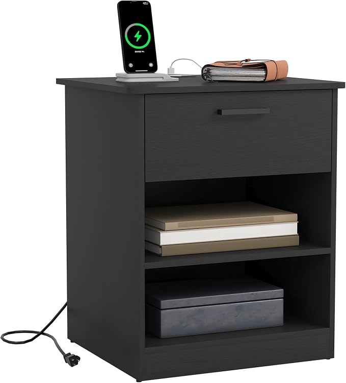Night Stand with Charger Station, Modern Nightstand with USB Type-C Ports and AC Outlets, Large Bedside Table with Drawer and Open Storage, Wooden End Table for Bedroom (Black, 1 Drawer) - Image 8