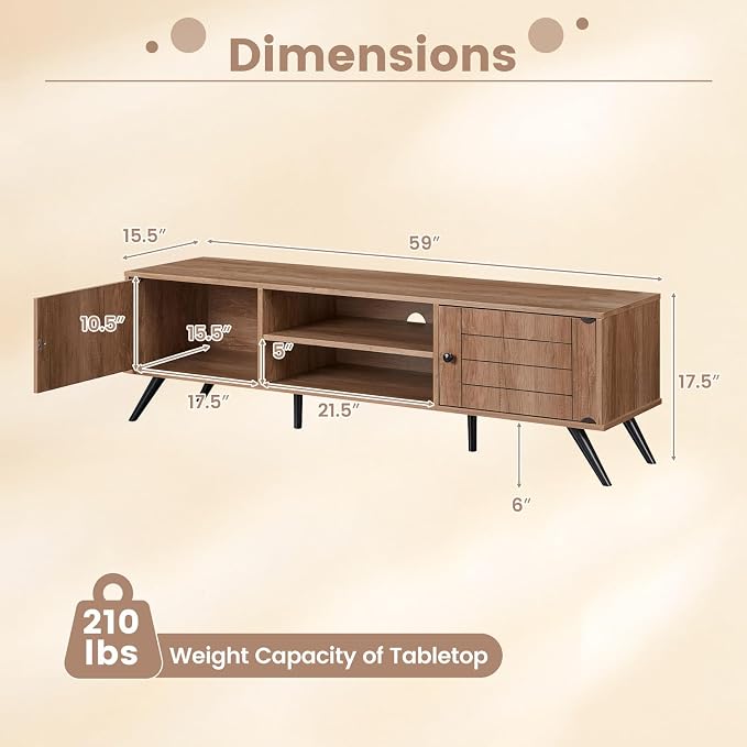 Giantex TV Stand for 65 Inch TV, Mid-Century Modern Entertainment Center w/2 Storage Cabinets, Cable Hole & Open Shelves, Wooden Media TV Console Table for Living Room, Bedroom (59" x 15.5" x 17.5") - Image 3