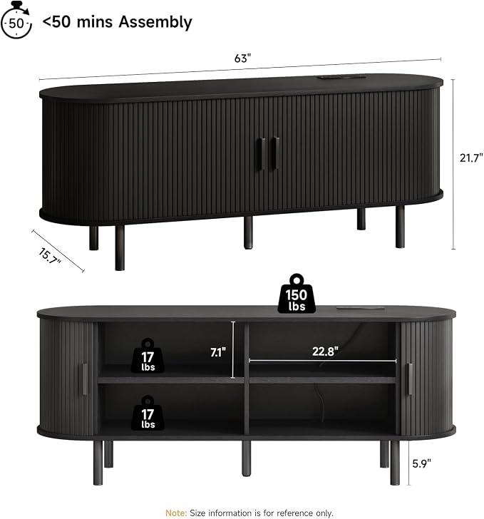 ONBRILL 63" TV Stand with Power Outlet for TVs up to 70 Inch, Entertainment Center with Storage and Adjustable Shelves, Modern Media Console with Sliding Doors for Living Room, Black - Image 2