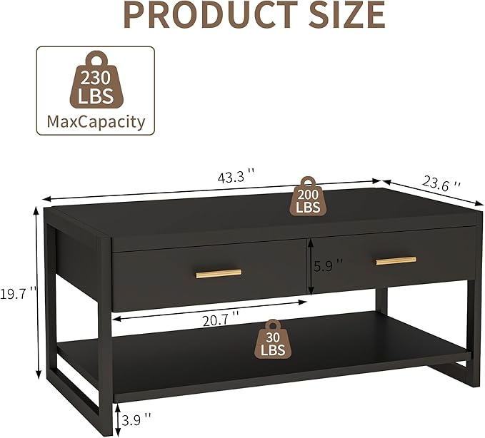 Solid Wood Coffee Table with Storage Living Room Table with 2 Drawers Shelf & Reinforced Legs