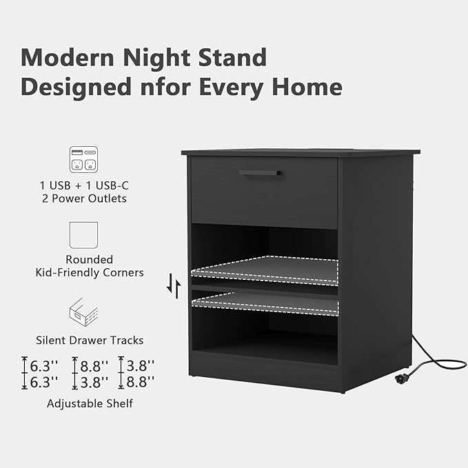 Night Stand with Charger Station, Modern Nightstand with USB Type-C Ports and AC Outlets, Large Bedside Table with Drawer and Open Storage, Wooden End Table for Bedroom (Black, 1 Drawer) - Image 6