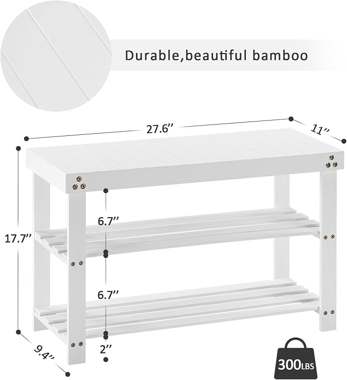 Apicizon Bamboo Shoe Rack for Entryway, 3-Tier Shoe Rack Bench for Front Indoor Entrance, Small Shoe Organizer with Storage, White - Image 3