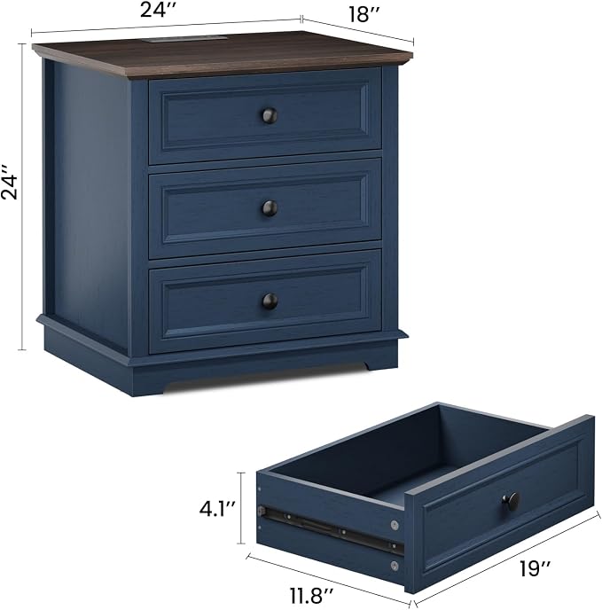 Nightstand with Charging Station, 24” Wide End Table with 3 Drawers, Modern Bedside Table with Storage, Wood Small Dresser for Bedroom Room (Blue) - Image 2
