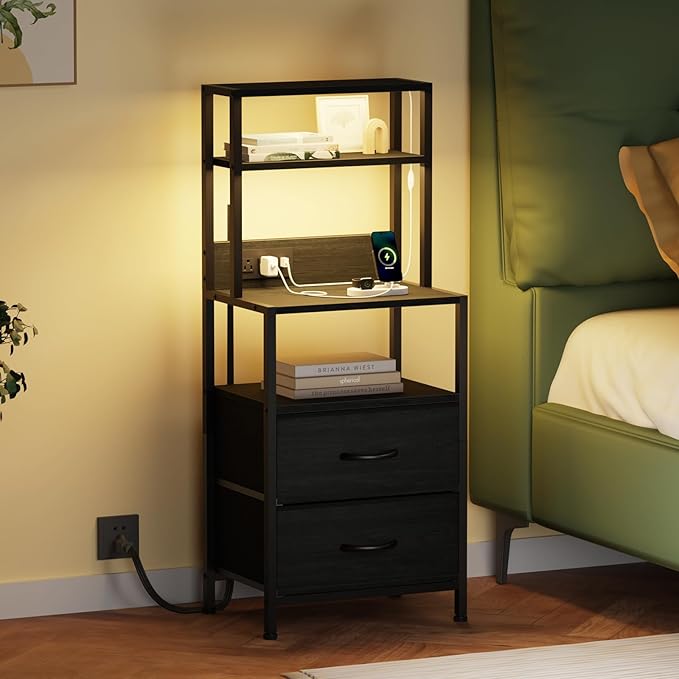 Furnulem Night Stand, Tall Nightstand with 4-Tier Shelves, 2 Fabric Drawers and Led Lights, Bed Side Tables with Charging Station, Bedside Table for Bedroom, Office, Black Oak | 4-Tier Shelves, 2 Fabric Drawers, Light Tube, Bed Side Tables, Charging St... - Image 3