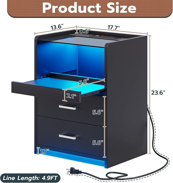 VIAGDO Nightstand with Charging Station and LED Lights, Black Night Stand with Glass Top and Storage Drawers, End Side Tables with Pull-Out Tray and USB Ports, Modern Bedside Tables for Bedroom - Image 2
