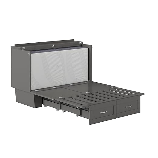 AFI, Chelsea Mid-Century Modern Full Wood Murphy Bed Chest with 6" Mattress, Storage Drawer & Built-in USB Charger, Grey