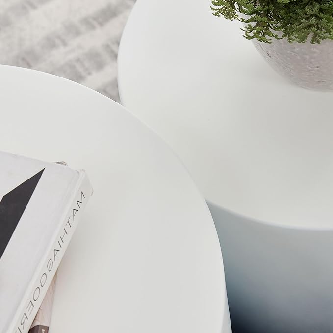 Small Round Coffee Table Nesting End Table Set of 2, MDF Side Circle Accent Tables for Small Spaces Living Room Bedroom Balcony Office,White & Black