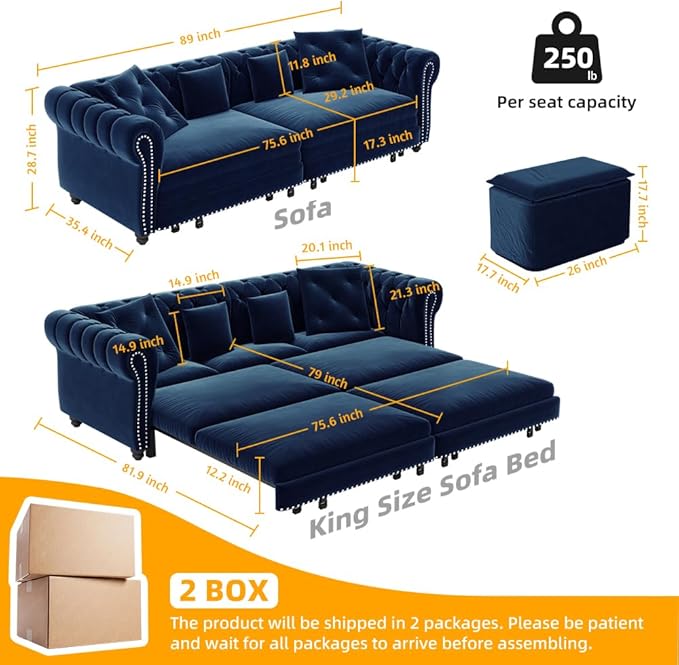Eafurn 3 in 1 Oversized Chesterfield Loveseat Sofa Convertible Pull Out Sleeper Sofabed King Size Couch Bed w/Movable Ottoman and Nailhead Trim for Living Room Tufted Velvet Recliner Daybed Sofacama