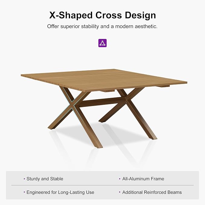 PURPLE LEAF 9 Pieces Outdoor Metal Furniture Set Patio Conversation Sets Wood Pattern Dining Set, 1 Dining Table and 8 Modern Chairs with Cushions Seat - Image 4
