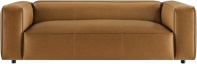 Modway Auren Vegan Leather Sofa in Camel - Faux Leather 3 Seater Couch - 88 Inch Comfy Modern PU Leather Sofa - Oversized Mid Century Modern Couch for Living Room, Apartment, Loft