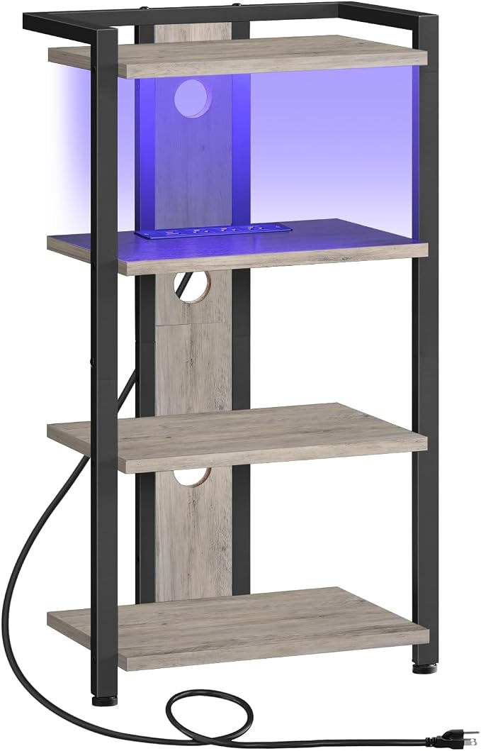 HOOBRO 4-Tier AV Media Stand, Media Console with Charging Station and LED Light, Wooden Stereo Cabinet, Corner TV Stand, Record Player, Entertainment Device Stand, BG38UDCJ01 by HOOBRO