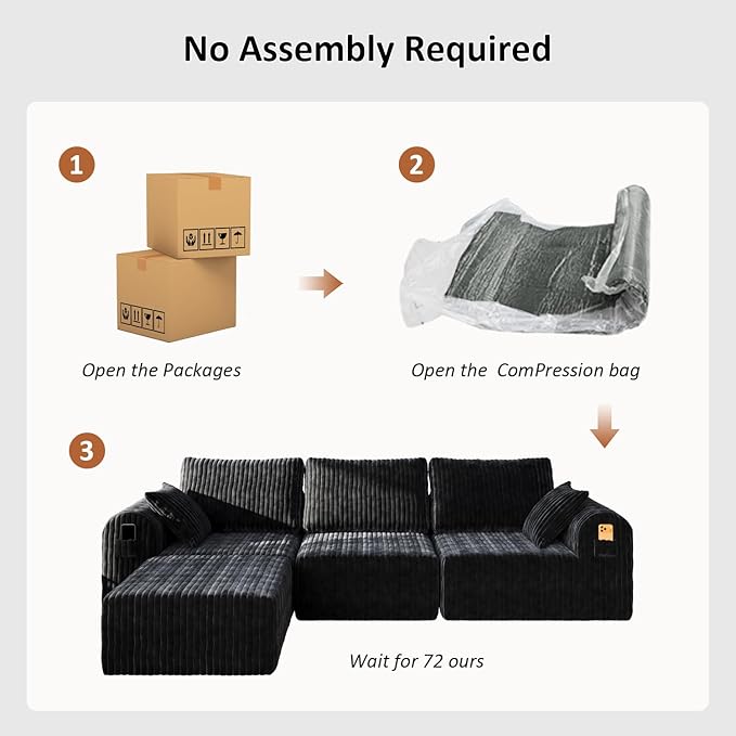 106" Boneless Couches for Living Room, Modular Sectional Sofa, L-Shape Sofa Couches,Cloud Couch Sectional, Comfy Corduroy Sofa, with Deep Seat, No Assembly Required (Black, 3 Seater + 1 Ottoman)