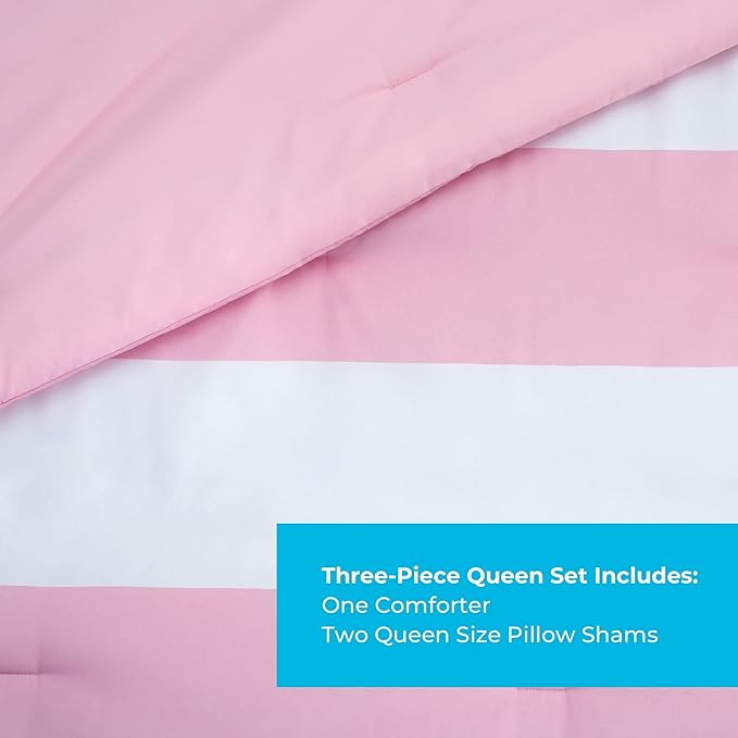 LINENSPA All Season Hypoallergenic Down Alternative Microfiber Comforter, Oversized Queen, Pink/White