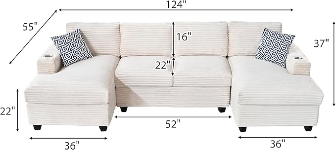 124-Inch Symmetrical Sectional Couch Corduroy Cloud Cushion Upholstered Sofas, U- Shaped Modular Sectional Sofa with Cup Holders and 2 Chaise Lounges for Living Room