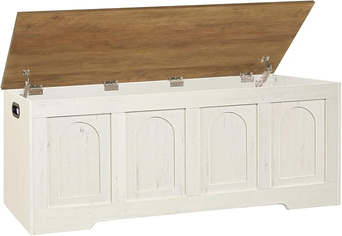 DINZI LVJ Storage Chest, 50” Extra Large Storage Bench with 2 Safety Hinges, Farmhouse Wooden Toy Box with Flip-Top, Large Trunk for Living Room, Playroom, Easy Assembly, Honey Brown and Rustic White by DINZILVJ