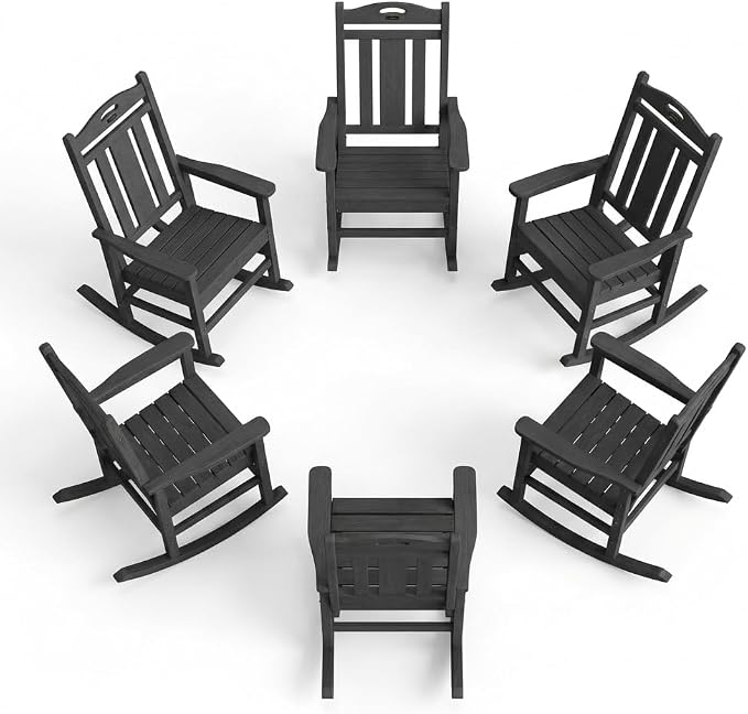 Ciokea Oversized Outdoor Rocking Chairs Set of 6, 380lbs Heavy-Duty Large Patio Rocker, High Back Cozy Porch Chairs, Weather Resistant Patio Rocking Chairs for Outside, Fire Pit, Deck, Dark Grey by CIOKEA