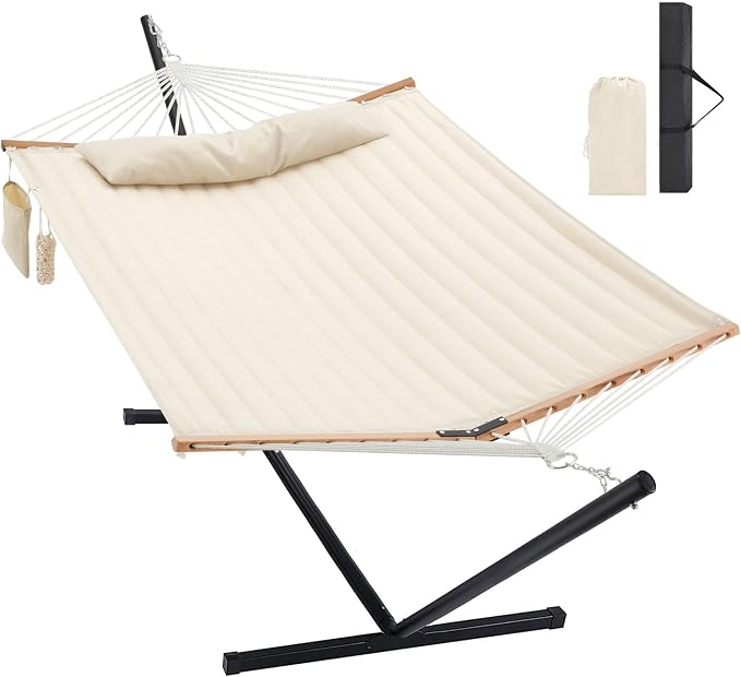 Homgava Two Person Hammock with Stand for Outside Heavy Duty, Outdoor Patio Hammock with Portable Steel Stand, Large Double Hammocks,480lbs Capacity.(Off White) by HomgavaLiveWhatYouLove