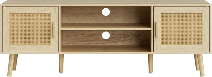 TV Stand for 55-65inch TV, Rattan Entertainment Center with Soft Hinge Door,TV Console Table with 2 Cabinets with Gold Handle and Feet,for Living Room, Bedroom, Natural - Image 8