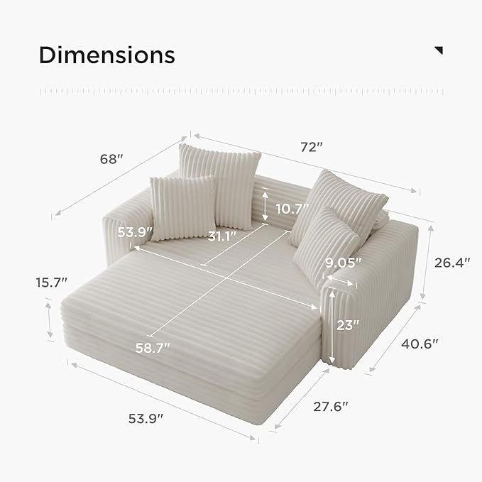 Acanva Oversized Cozy Chaise Lounge Chair Indoor with Removable Ottoman, Modern Upholstered Fluffy Sleeper Sofa Bed, Comfy Reclining Couch for Living Room, Bedroom, White