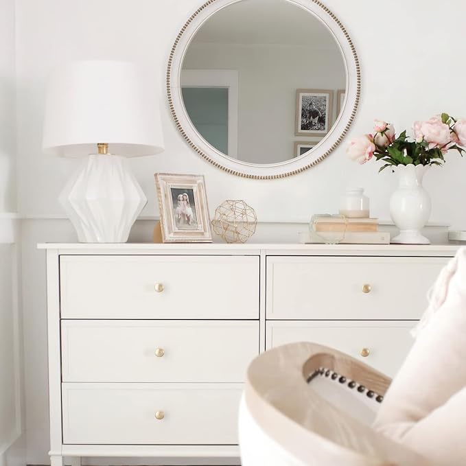 sawsile Round Wood Mirror,28 inch Circle Rustic Farmhouse White Wooden Frame Boho Beads Wall Mirror for Bathroom,Living Room,Bedroom or Entryway - Image 5