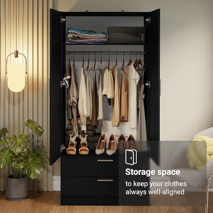 Madesa 2 Door 2 Drawer Storage Cabinet Wardrobe with Shelf and Hanging Space 31" L Wooden Armoire Closet Organization Unit for Bedroom and Office - Black