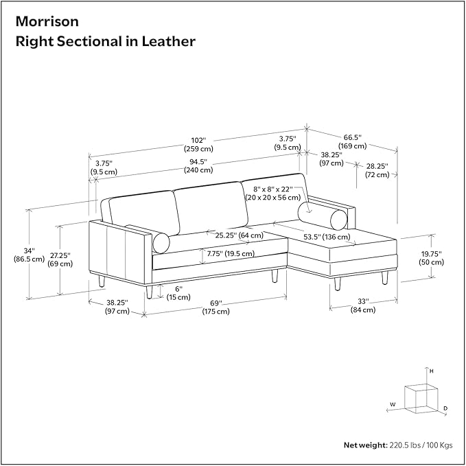 SIMPLIHOME Morrison Right Sectional Sofa in Full-Grain Genuine Leather, Sienna, 102-inches Wide, L-Shaped Leather Couch with Right Chaise for the Living Room and Family Room