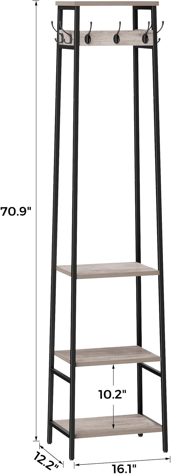 Coat Rack Freestanding, Coat Stand with 3 Shelves and 7 Hooks, Hall Tree Free Standing, Clothes Rack Stand Organizer, Industrial Style, Greige and Black - Image 4