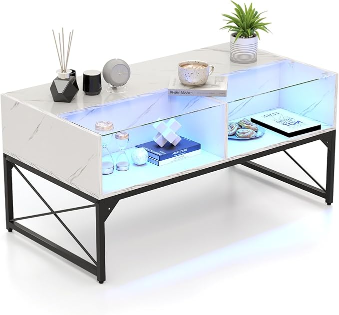 Tangkula LED Coffee Table, High Glossy Center Table with 4 Storage Cubes, Faux Marble & Tempered Glass Top, Adjustable Light Colors, Remote Control, Modern Cocktail Table for Living Room (White)