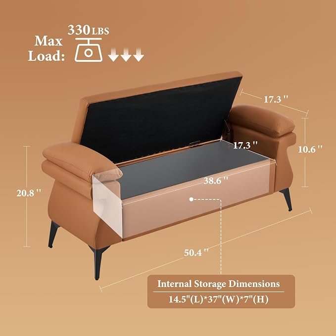 Furniliving 51” Storage Bench, End of Bed Bench with Armrest Cushion Large Upholstered Storage Ottoman Leather Window Bench with Storage Shoe Cabinet Bench, for Bedroom, Entryway, Brown - Image 2