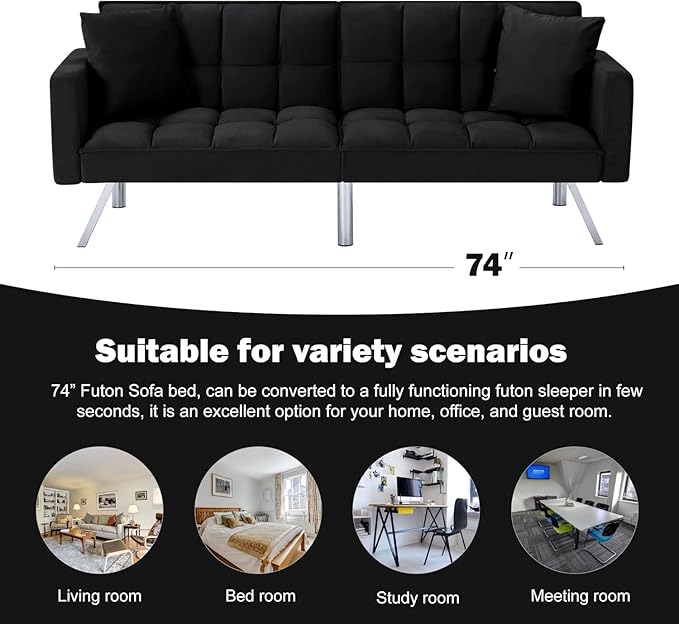 Convertible Futon Sofa Bed, 74 Inch Sleeper Couch Bed with Velvet Upholstery, Sofa Couch with Adjustable Backrest Pillows, Square Tufted Design for Living Room Home Office, Black