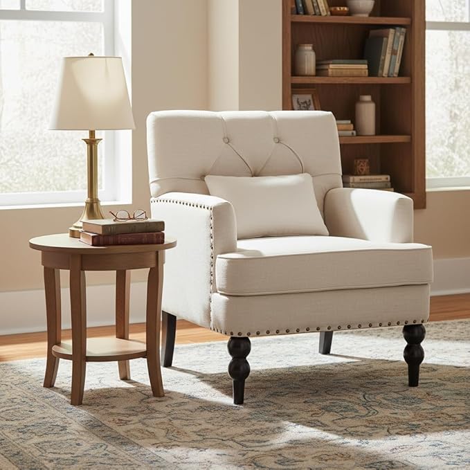 HUIMO Tufted Club Chair,Accent Chair with Lumbar Pillow, Upholstered Button Armchair, Linen Fabric Sofa Chairs for Bedroom, Living Room, Mid Century Modern with Studded Reading Chair Beige