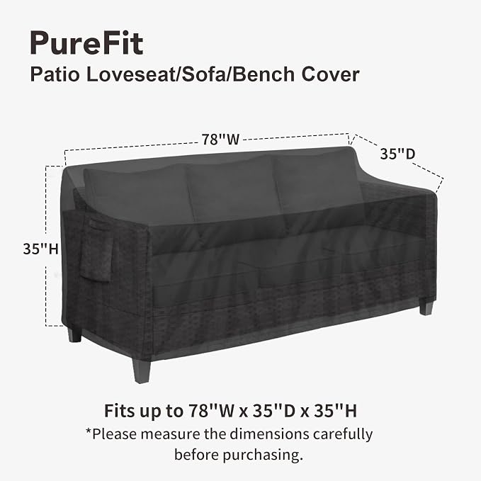 PureFit Outdoor Couch Cover Waterproof Patio Sofa Furniture Covers, 3-Seater Outdoor Cover with Air Vent and Handles, 78W x 35D x 35H Inches, Black - Image 2