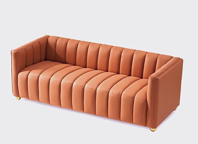 Direct Glam Fabric Upholstered Solid Wood Frame 82.7" Art Deco Sofa for Living Room, Office, Sophisticated 3 Seater Couch, Orange